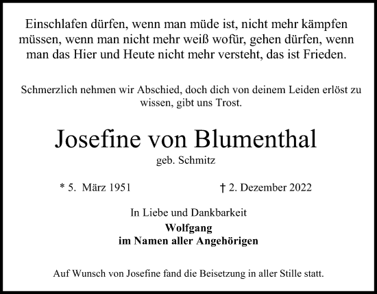 Anzeige von Josefine von Blumenthal von Kölner Stadt-Anzeiger / Kölnische Rundschau / Express
