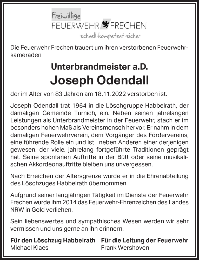  Traueranzeige für Joseph Odendall vom 09.12.2022 aus  Wochenende 