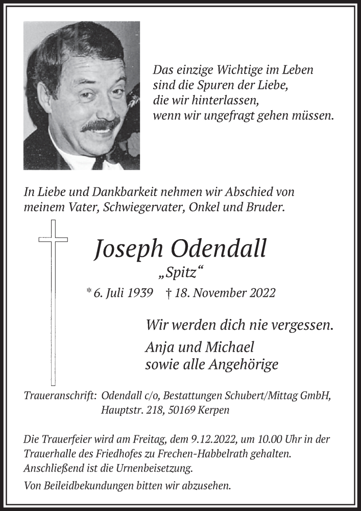  Traueranzeige für Joseph Odendall vom 02.12.2022 aus  Wochenende 