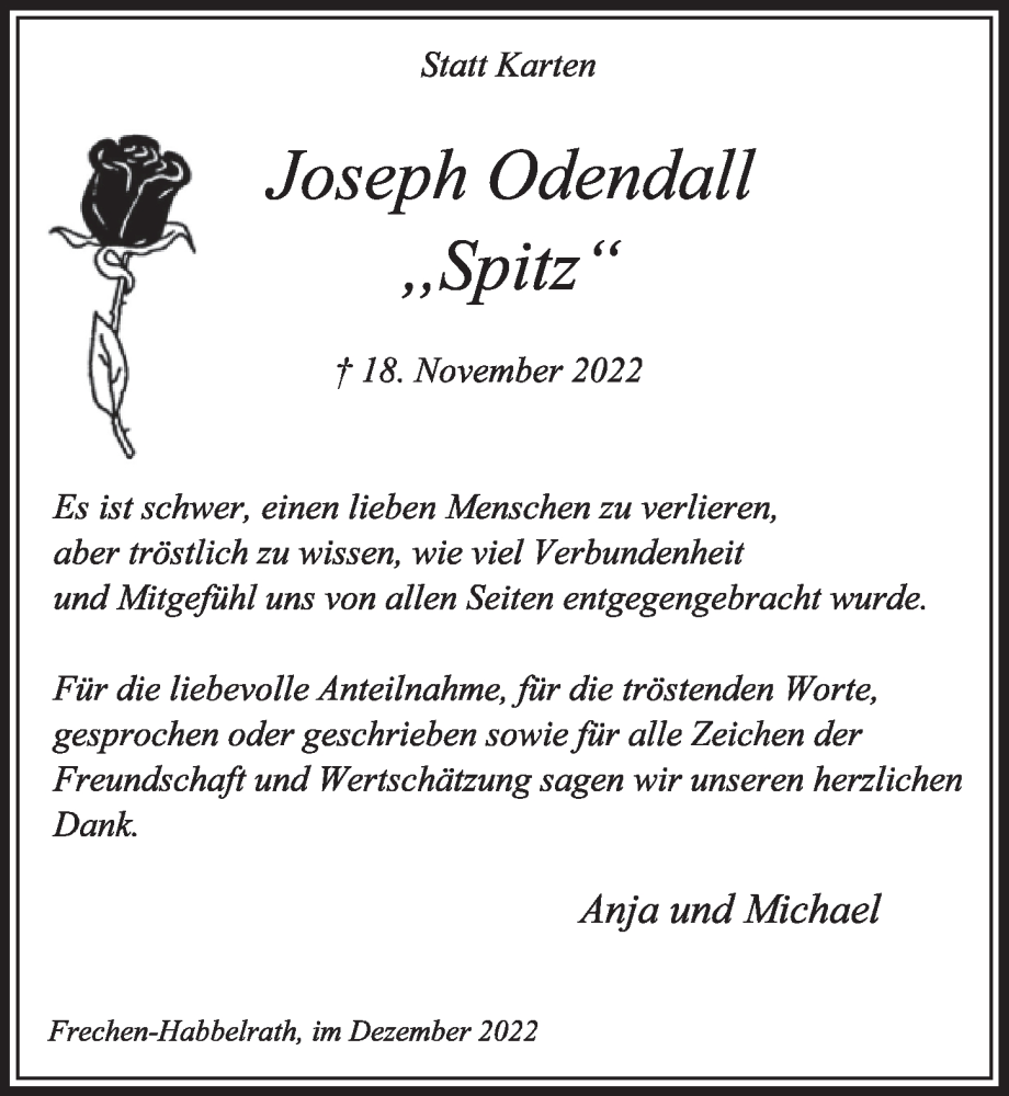  Traueranzeige für Joseph Odendall vom 29.12.2022 aus  Wochenende 