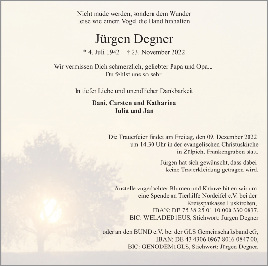 Anzeige von Jürgen Degner von Kölner Stadt-Anzeiger / Kölnische Rundschau / Express