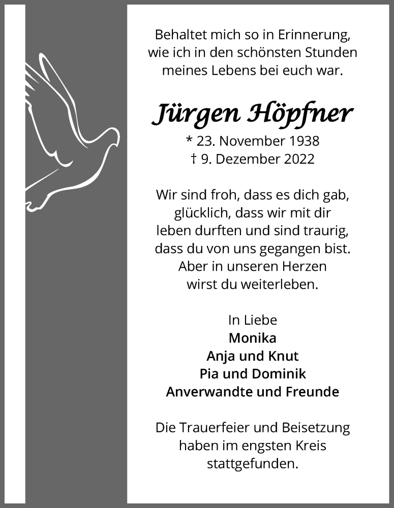  Traueranzeige für Jürgen Höpfner vom 21.12.2022 aus Kölner Stadt-Anzeiger / Kölnische Rundschau / Express