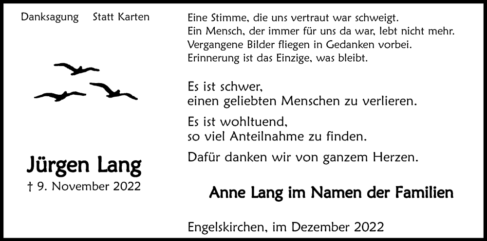  Traueranzeige für Jürgen Lang vom 29.12.2022 aus Kölner Stadt-Anzeiger / Kölnische Rundschau / Express