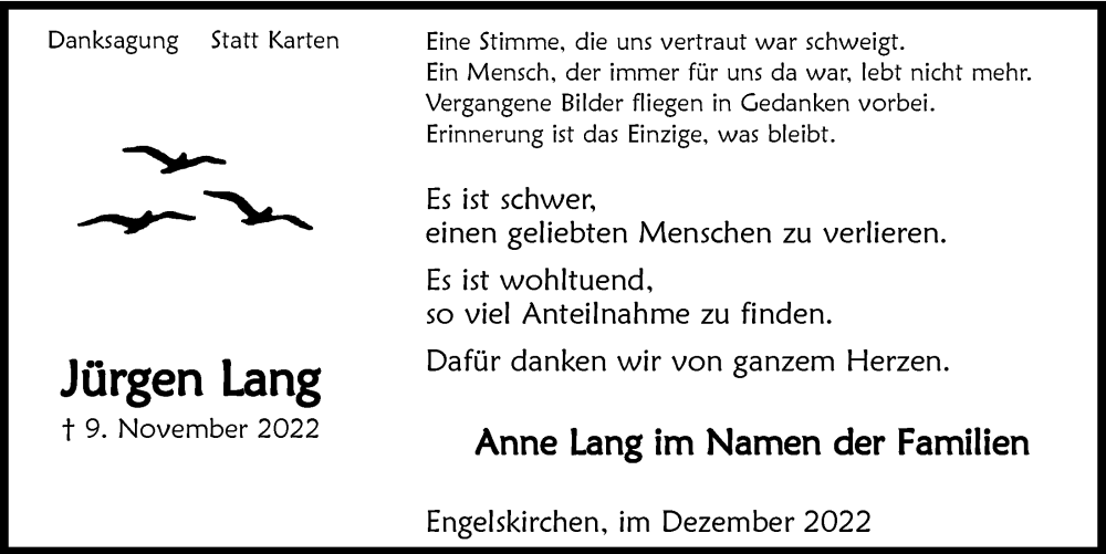  Traueranzeige für Jürgen Lang vom 29.12.2022 aus  Anzeigen Echo 