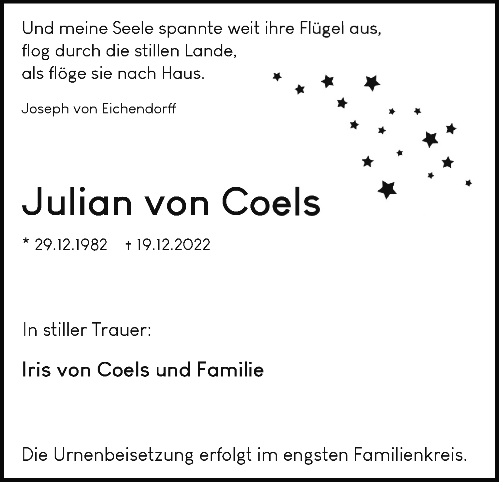  Traueranzeige für Julian von Coels vom 31.12.2022 aus Kölner Stadt-Anzeiger / Kölnische Rundschau / Express