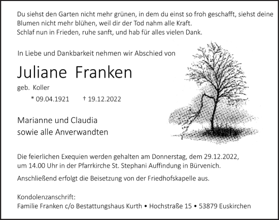 Anzeige von Juliane Franken von  Blickpunkt Euskirchen 