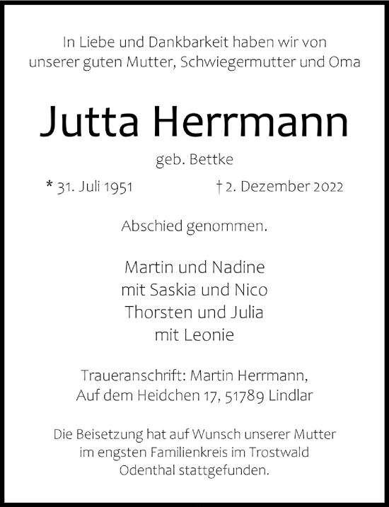 Anzeige von Jutta Herrmann von  Anzeigen Echo 