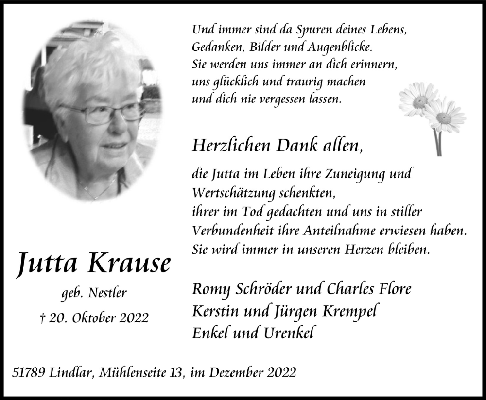  Traueranzeige für Jutta Krause vom 22.12.2022 aus  Anzeigen Echo 