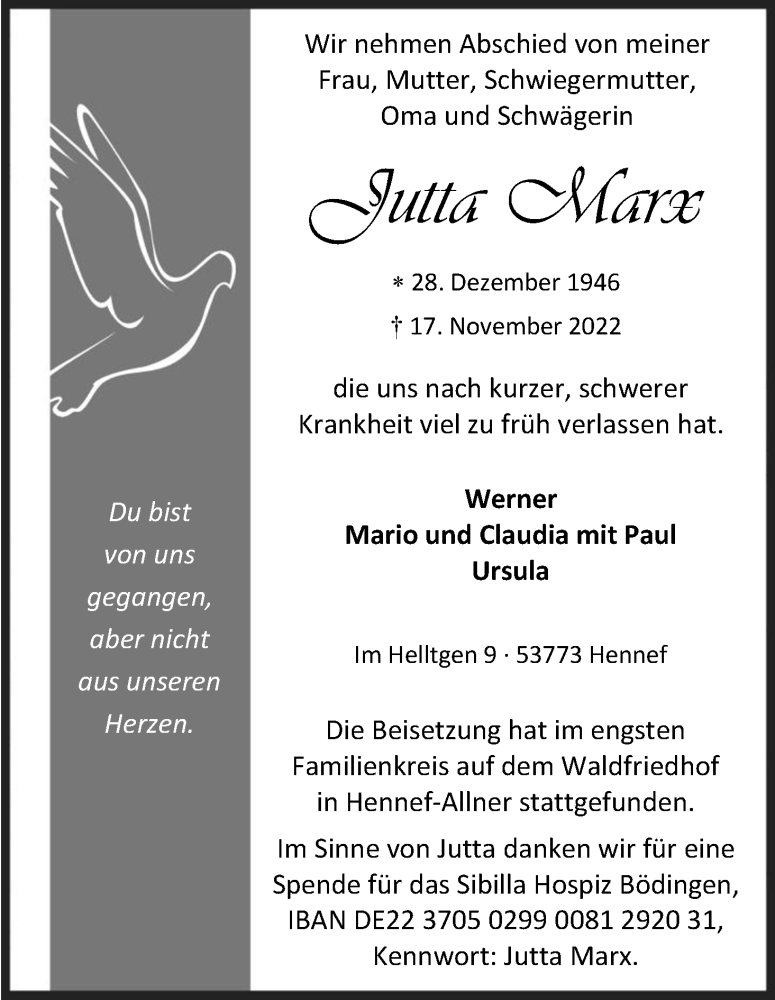  Traueranzeige für Jutta Marx vom 03.12.2022 aus Kölner Stadt-Anzeiger / Kölnische Rundschau / Express
