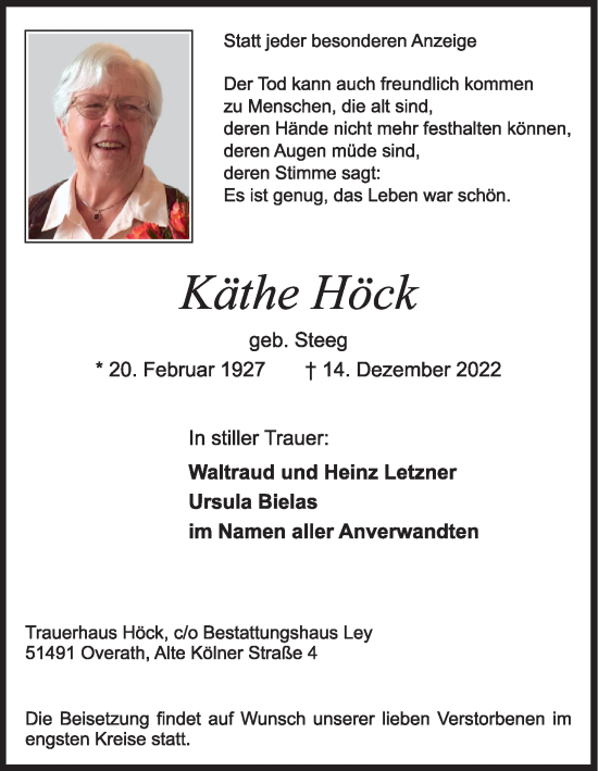 Anzeige von Käthe Höck von Kölner Stadt-Anzeiger / Kölnische Rundschau / Express