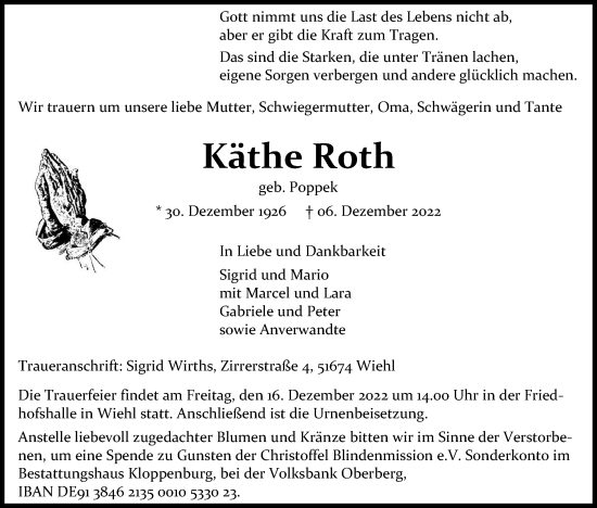Anzeige von Käthe Roth von Kölner Stadt-Anzeiger / Kölnische Rundschau / Express