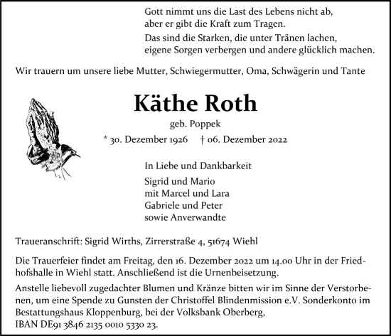 Anzeige von Käthe Roth von  Anzeigen Echo 