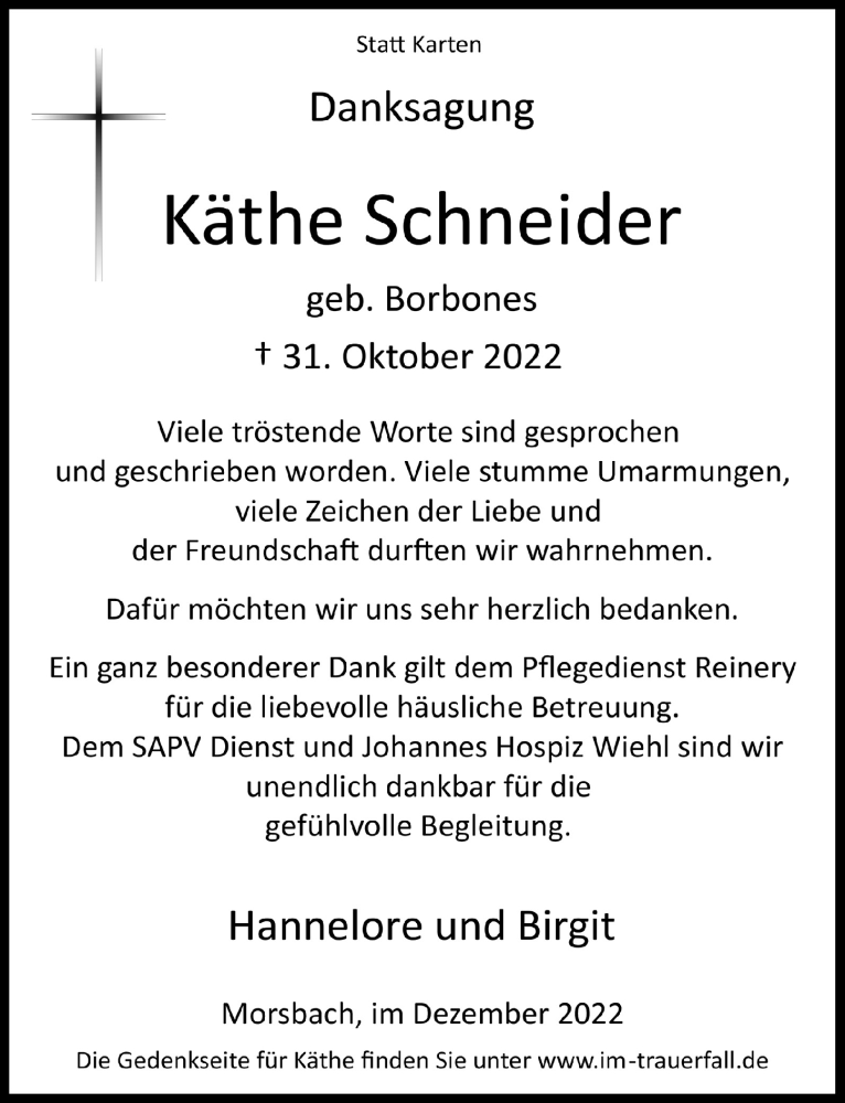  Traueranzeige für Käthe Schneider vom 22.12.2022 aus  Lokalanzeiger 
