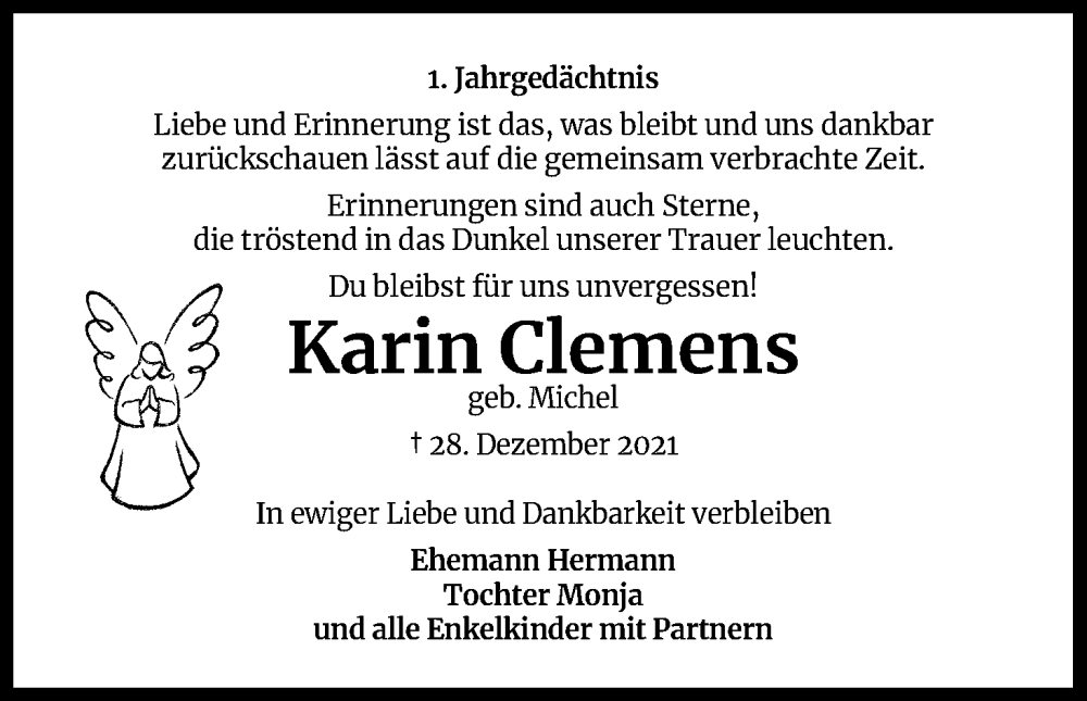  Traueranzeige für Karin Clemens vom 28.12.2022 aus Kölner Stadt-Anzeiger / Kölnische Rundschau / Express