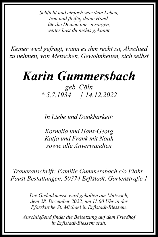 Anzeige von Karin Gummersbach von Kölner Stadt-Anzeiger / Kölnische Rundschau / Express