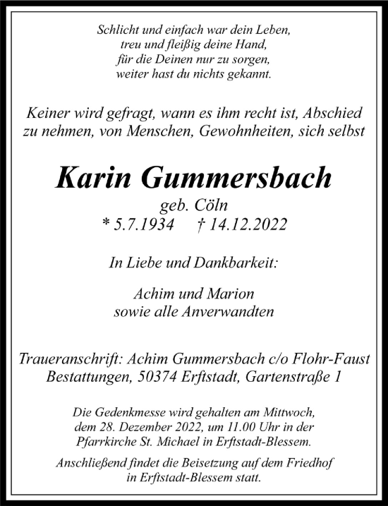 Anzeige von Karin Gummersbach von  Werbepost 