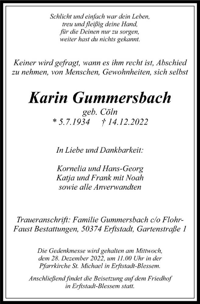  Traueranzeige für Karin Gummersbach vom 22.12.2022 aus  Werbepost 