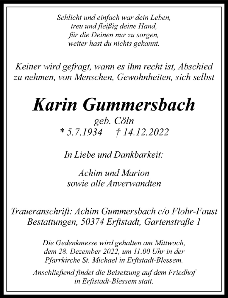  Traueranzeige für Karin Gummersbach vom 22.12.2022 aus  Werbepost 