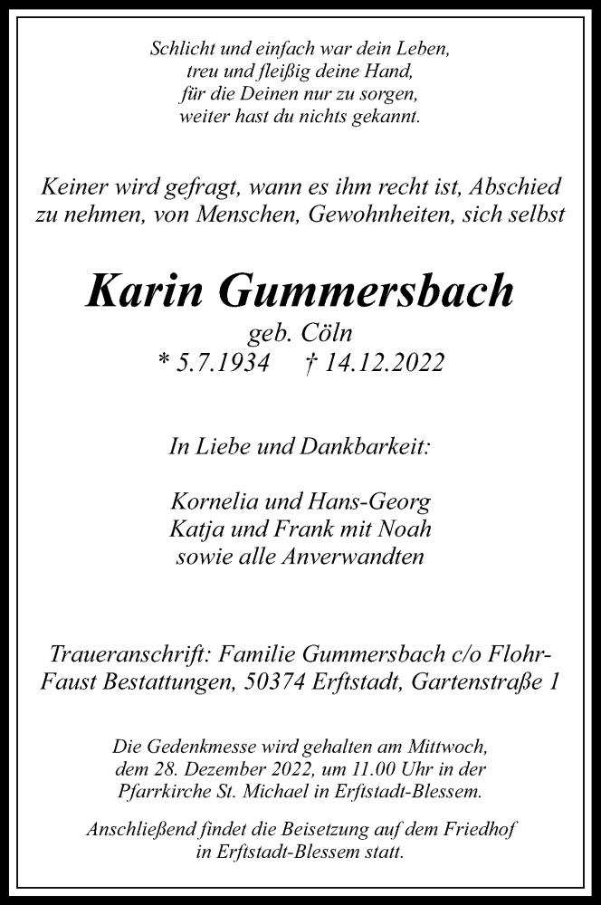  Traueranzeige für Karin Gummersbach vom 24.12.2022 aus Kölner Stadt-Anzeiger / Kölnische Rundschau / Express