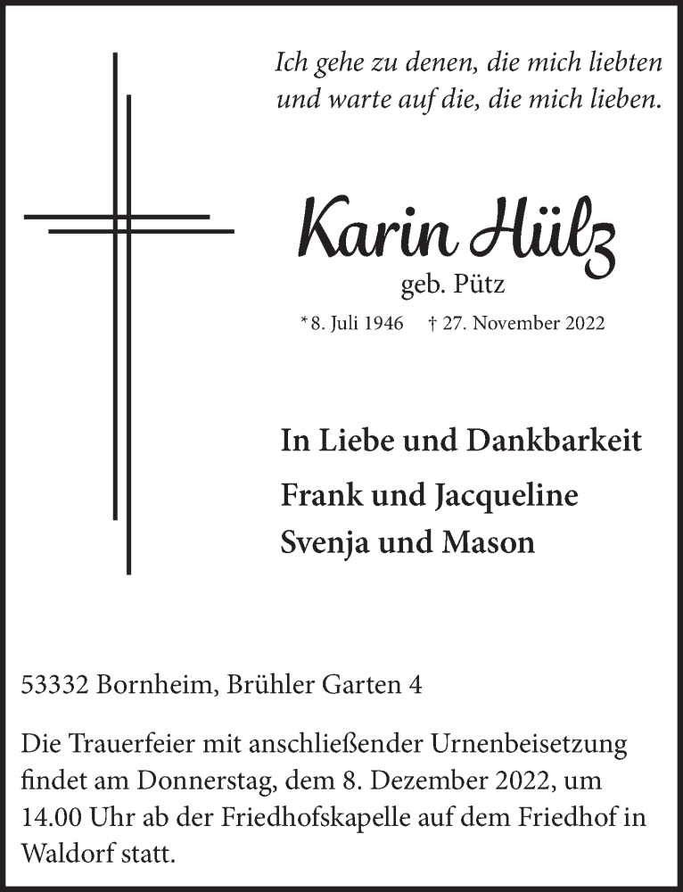  Traueranzeige für Karin Hülz vom 02.12.2022 aus  Schaufenster/Blickpunkt 