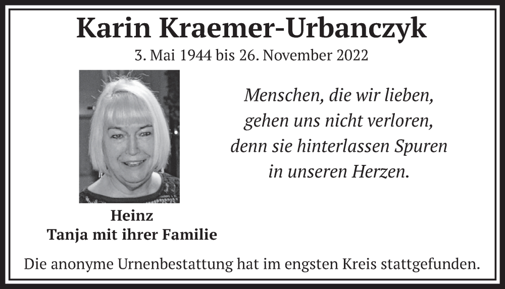  Traueranzeige für Karin Kraemer-Urbanczyk vom 22.12.2022 aus  Werbepost 