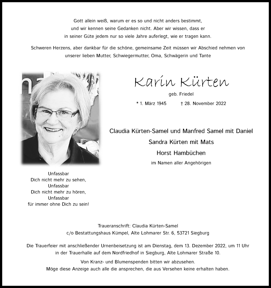  Traueranzeige für Karin Kürten vom 03.12.2022 aus Kölner Stadt-Anzeiger / Kölnische Rundschau / Express