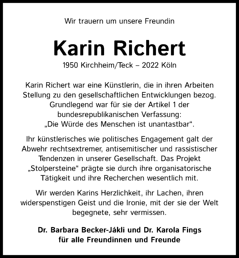  Traueranzeige für Karin Richert vom 31.12.2022 aus Kölner Stadt-Anzeiger / Kölnische Rundschau / Express