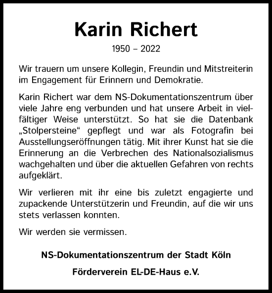 Anzeige von Karin Richert von Kölner Stadt-Anzeiger / Kölnische Rundschau / Express