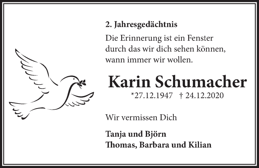  Traueranzeige für Karin Schumacher vom 22.12.2022 aus  Werbepost 