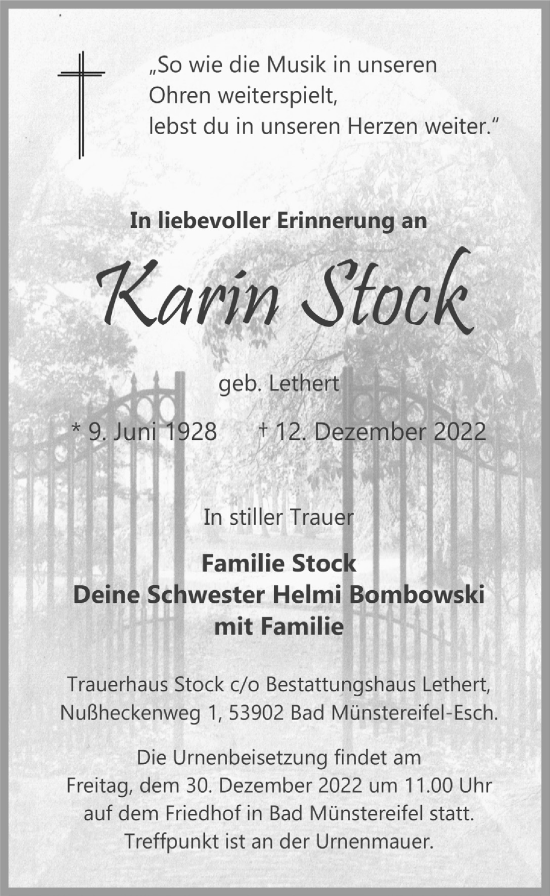 Anzeige von Karin Stock von  Blickpunkt Euskirchen 