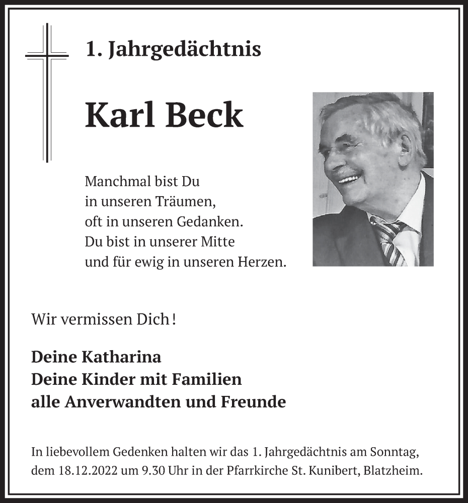  Traueranzeige für Karl Beck vom 09.12.2022 aus  Werbepost 