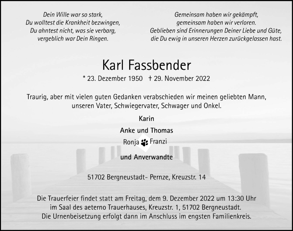  Traueranzeige für Karl Fassbender vom 02.12.2022 aus  Anzeigen Echo 