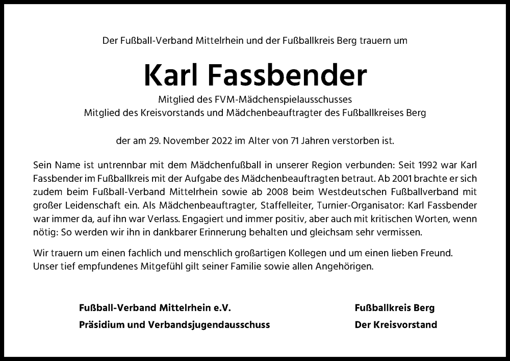  Traueranzeige für Karl Fassbender vom 10.12.2022 aus Kölner Stadt-Anzeiger / Kölnische Rundschau / Express