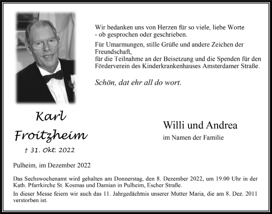 Anzeige von Karl Froitzheim von  Wochenende 