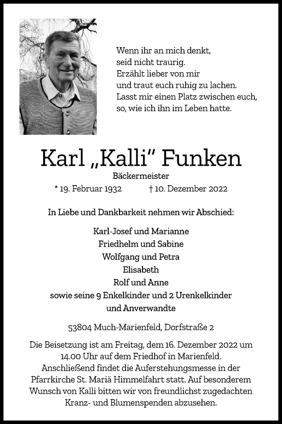 Anzeige von Karl Funken von Kölner Stadt-Anzeiger / Kölnische Rundschau / Express