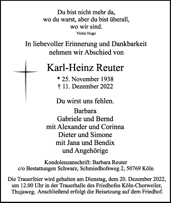 Anzeige von Karl-Heinz Reuter von Kölner Stadt-Anzeiger / Kölnische Rundschau / Express