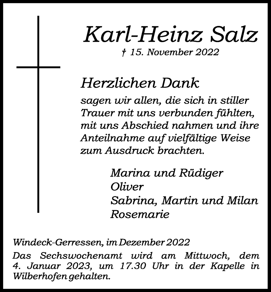  Traueranzeige für Karl-Heinz Salz vom 17.12.2022 aus Kölner Stadt-Anzeiger / Kölnische Rundschau / Express