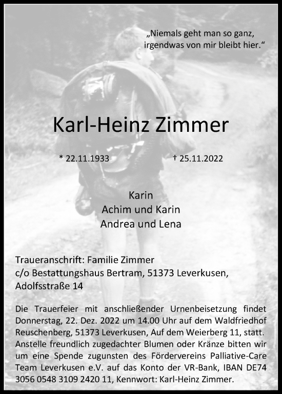 Anzeige von Karl-Heinz Zimmer von Kölner Stadt-Anzeiger / Kölnische Rundschau / Express