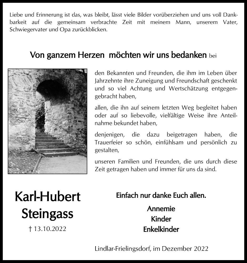  Traueranzeige für Karl-Hubert Steingass vom 31.12.2022 aus Kölner Stadt-Anzeiger / Kölnische Rundschau / Express