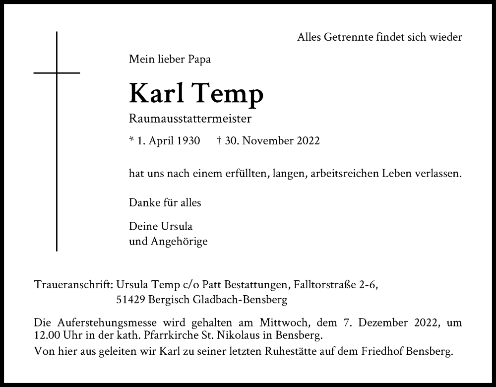  Traueranzeige für Karl Temp vom 03.12.2022 aus Kölner Stadt-Anzeiger / Kölnische Rundschau / Express