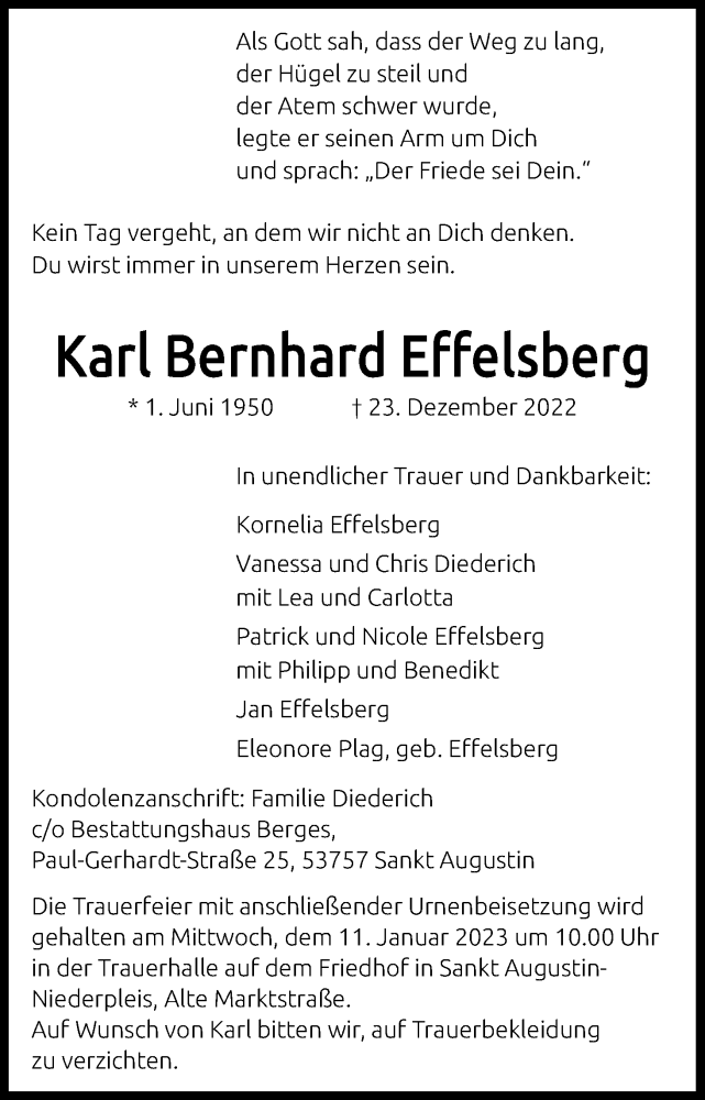  Traueranzeige für Karl Bernhard Effelsberg vom 31.12.2022 aus Kölner Stadt-Anzeiger / Kölnische Rundschau / Express