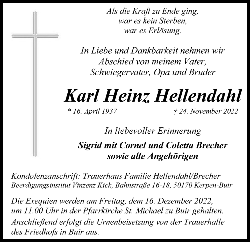  Traueranzeige für Karl Heinz Hellendahl vom 10.12.2022 aus Kölner Stadt-Anzeiger / Kölnische Rundschau / Express