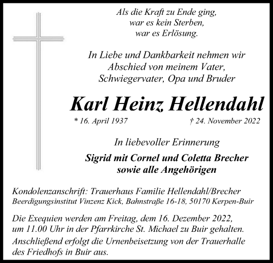 Anzeige von Karl Heinz Hellendahl von Kölner Stadt-Anzeiger / Kölnische Rundschau / Express