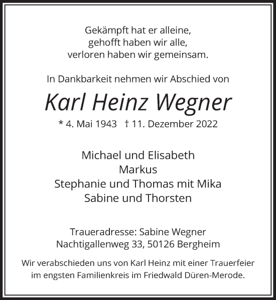 Anzeige von Karl Heinz Wegner von  Werbepost 
