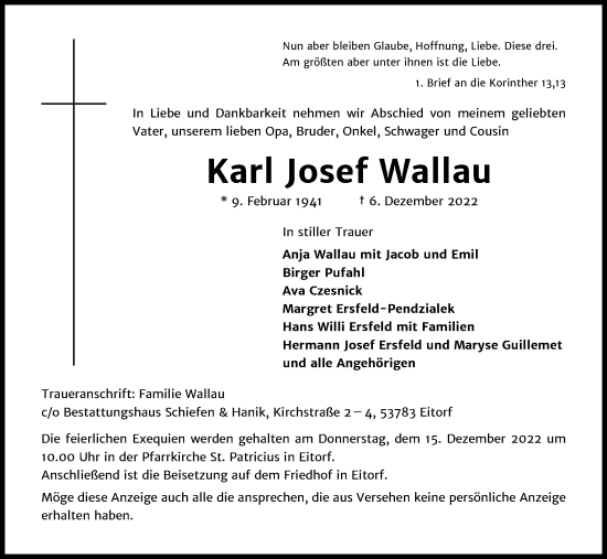 Anzeige von Karl Josef Wallau von Kölner Stadt-Anzeiger / Kölnische Rundschau / Express