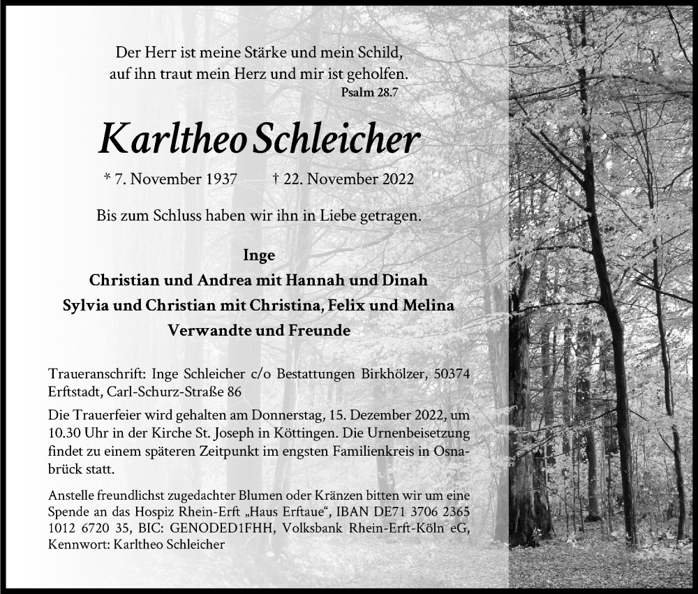  Traueranzeige für Karltheo Schleicher vom 03.12.2022 aus Kölner Stadt-Anzeiger / Kölnische Rundschau / Express