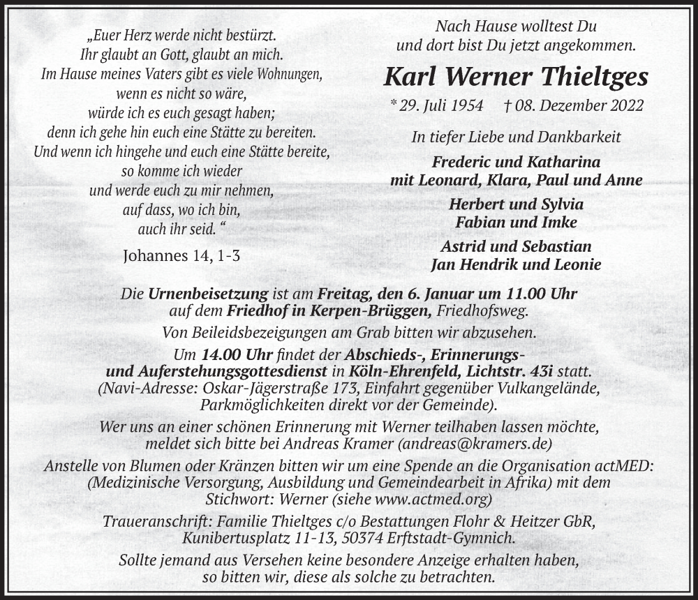  Traueranzeige für Karl Werner Thieltges vom 29.12.2022 aus  Werbepost 