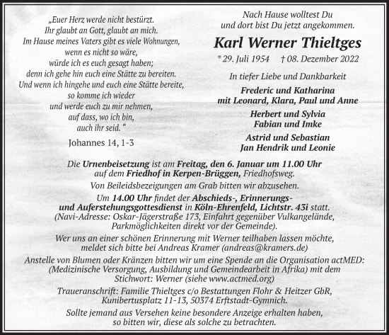 Anzeige von Karl Werner Thieltges von  Werbepost 