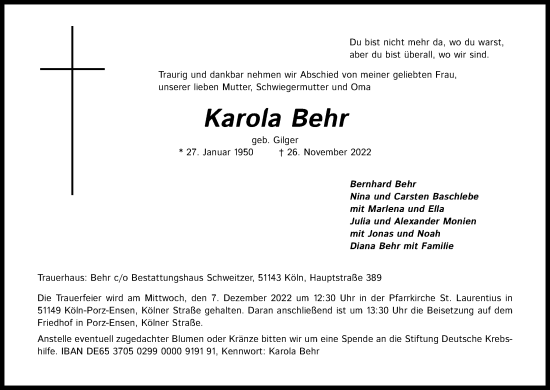 Anzeige von Karola Behr von Kölner Stadt-Anzeiger / Kölnische Rundschau / Express
