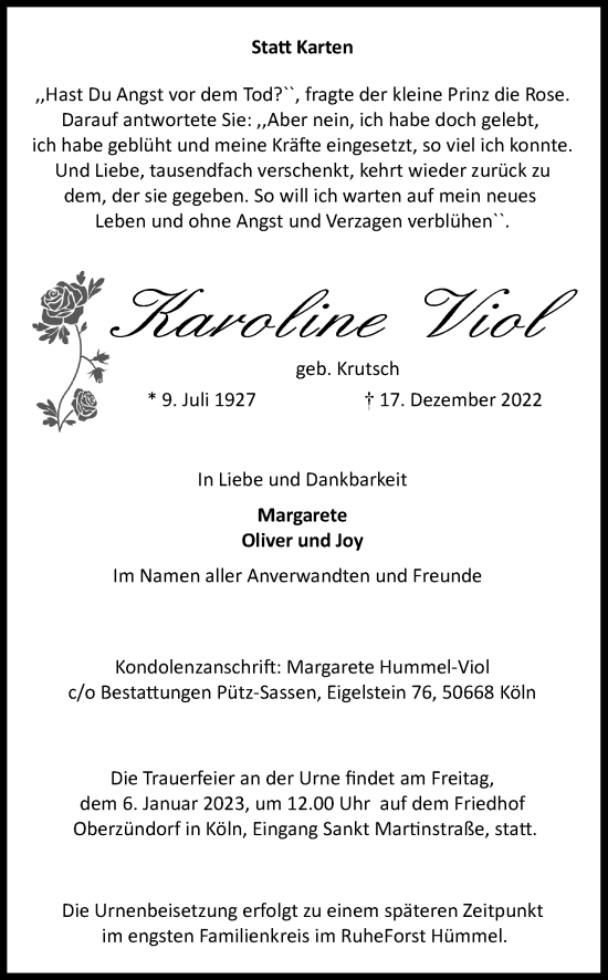 Anzeige von Karoline Viol von Kölner Stadt-Anzeiger / Kölnische Rundschau / Express